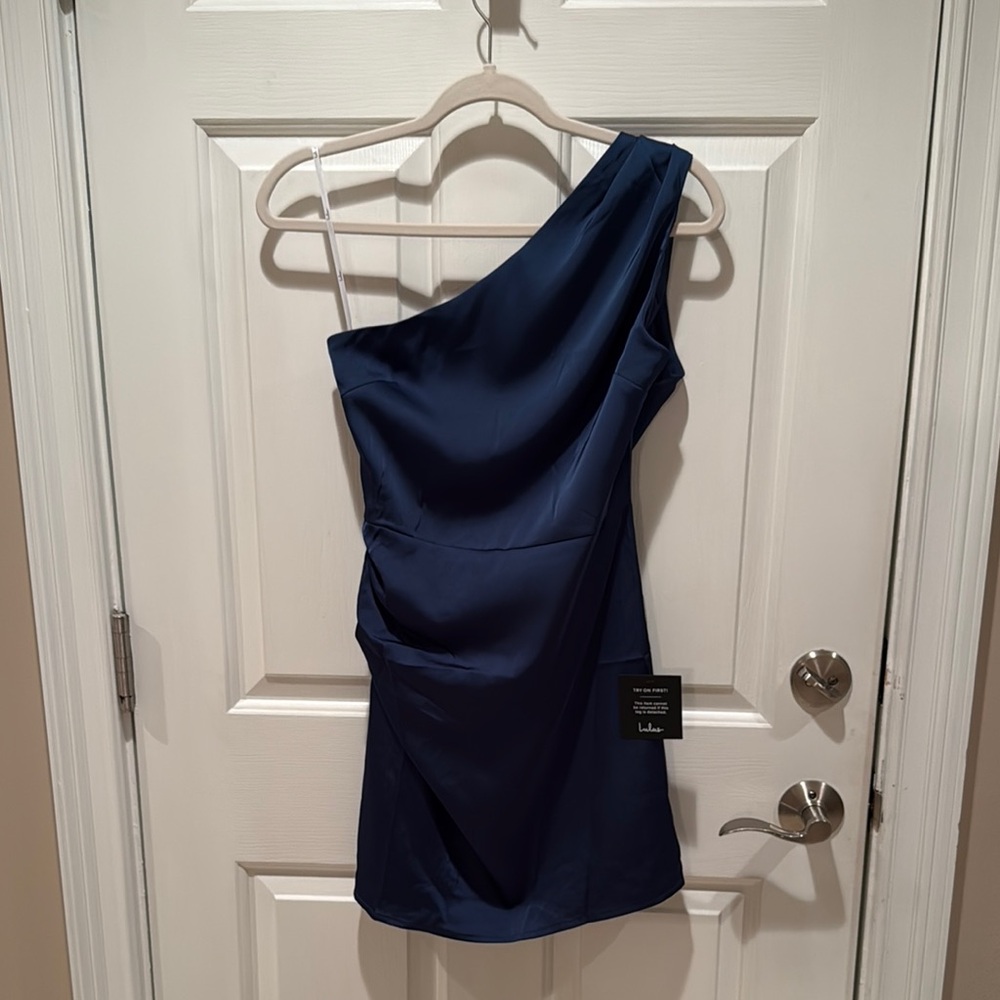 Elegant One-Shoulder Navy Dress
